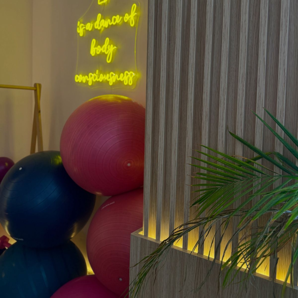 Stüdyodaki pilates topları ve neon yazı